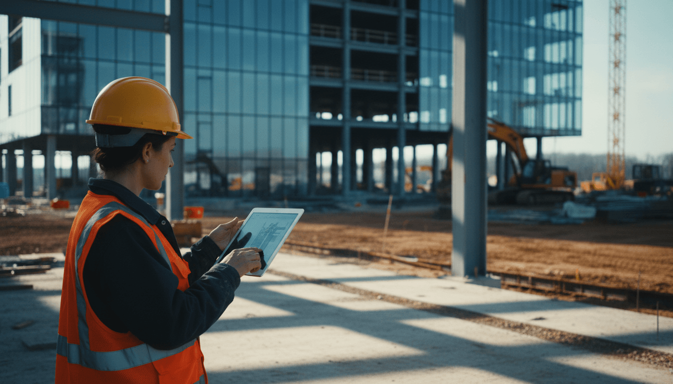 Construction professional reviewing project plans on tablet at active building site