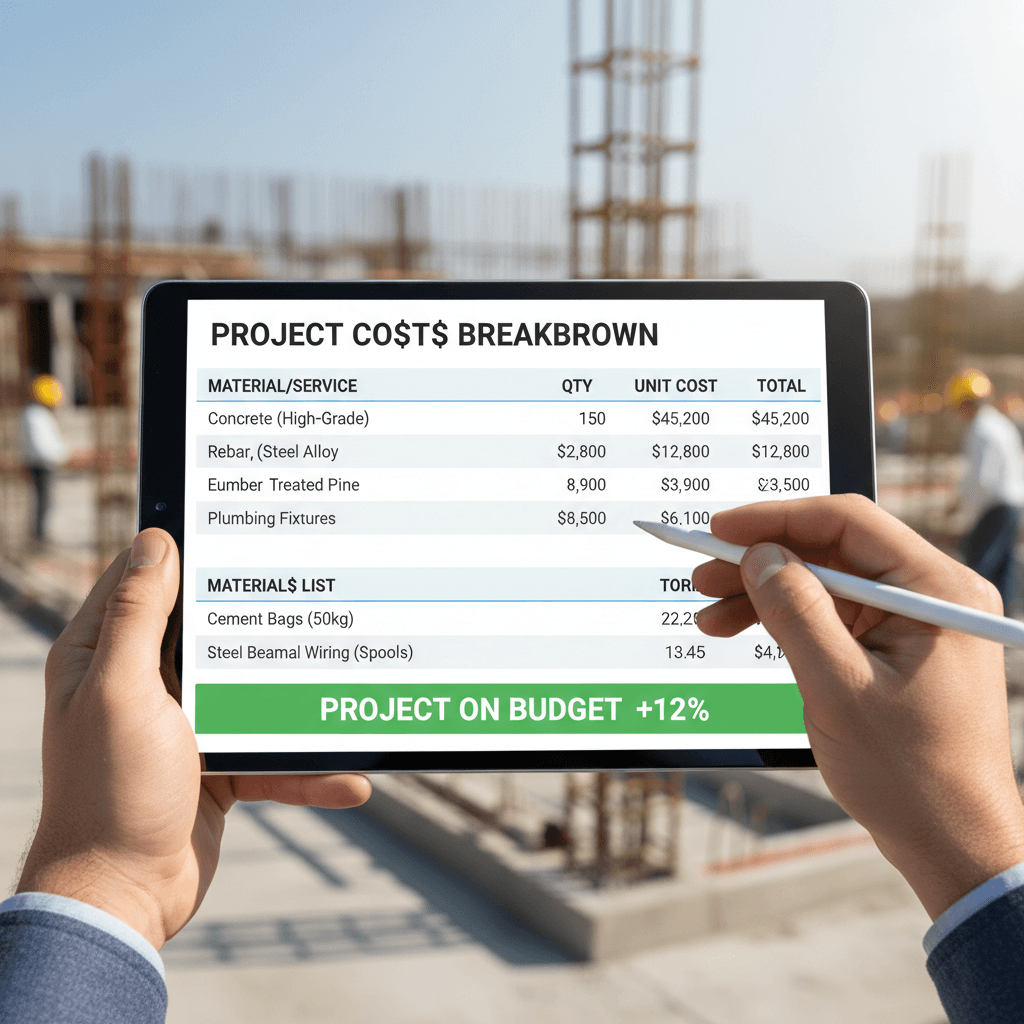 Budget and material tracking dashboard on tablet