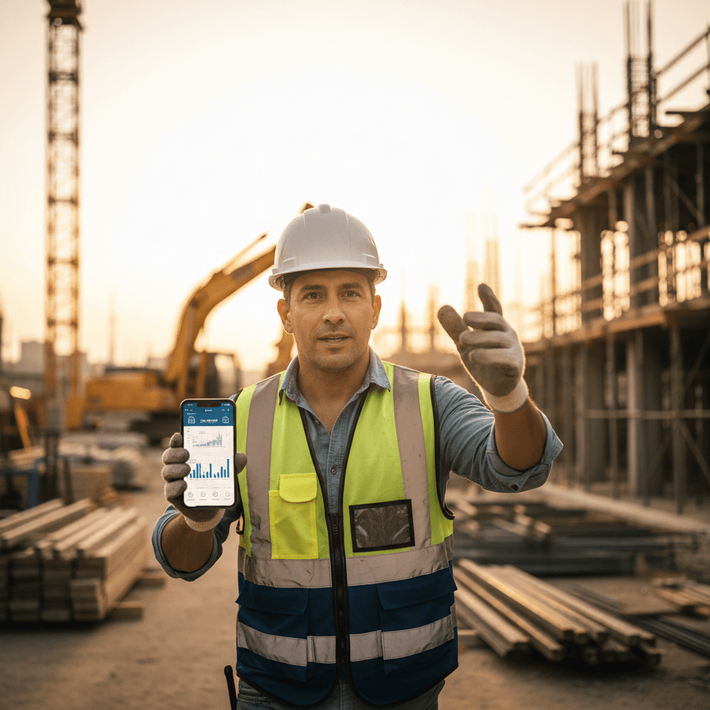 Construction supervisor using mobile app on active job site